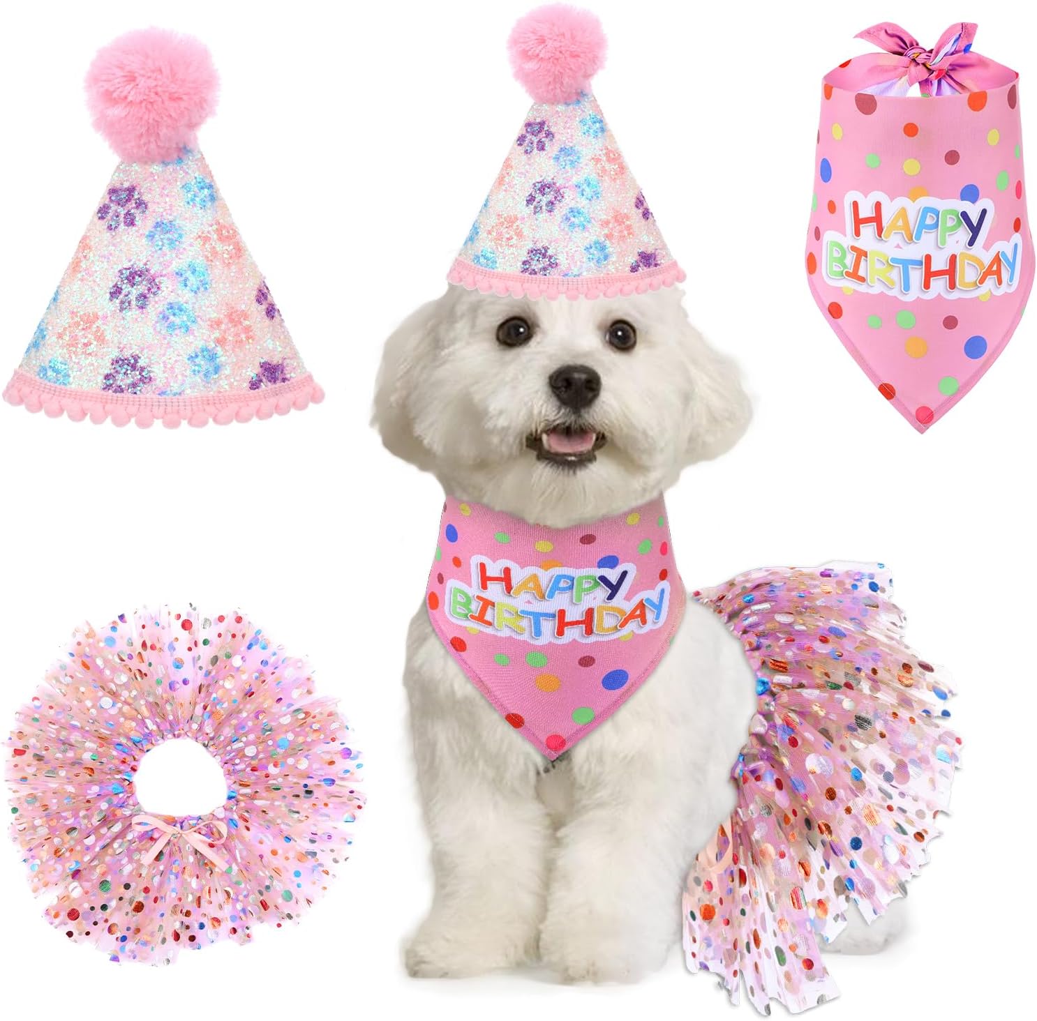 Dog Birthday Bandana with Hat and Dress Girl Set Puppy Birthday Party Supplies Cute Tutu Skirt Outfit for Small Medium Large Dogs Decorations(Purple) - Image 9