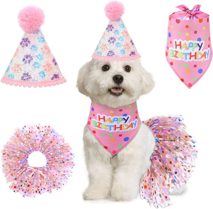 Dog Birthday Bandana with Hat and Dress Girl Set Puppy Birthday Party Supplies Cute Tutu Skirt Outfit for Small Medium Large Dogs Decorations(Purple) - Image 9