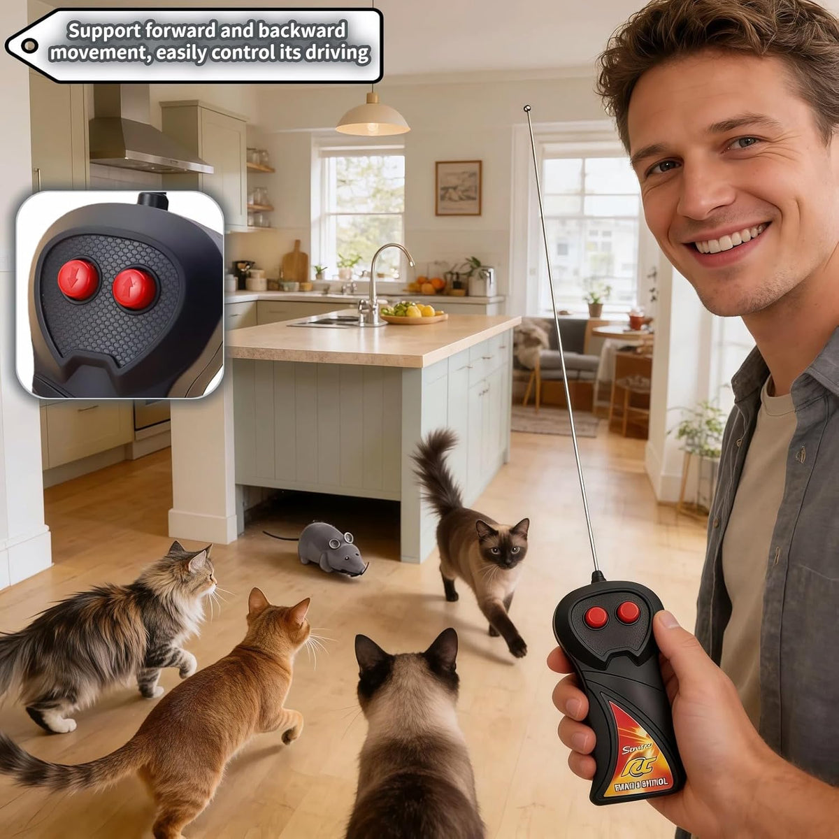 Gray electronic mouse toy showing the bottom battery compartment and power switch