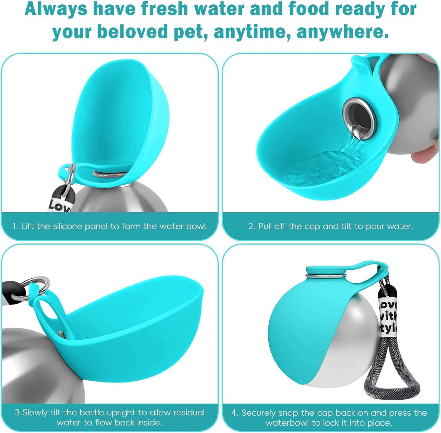 Ten ounce compact dog waterer with love with style carrying strap close up