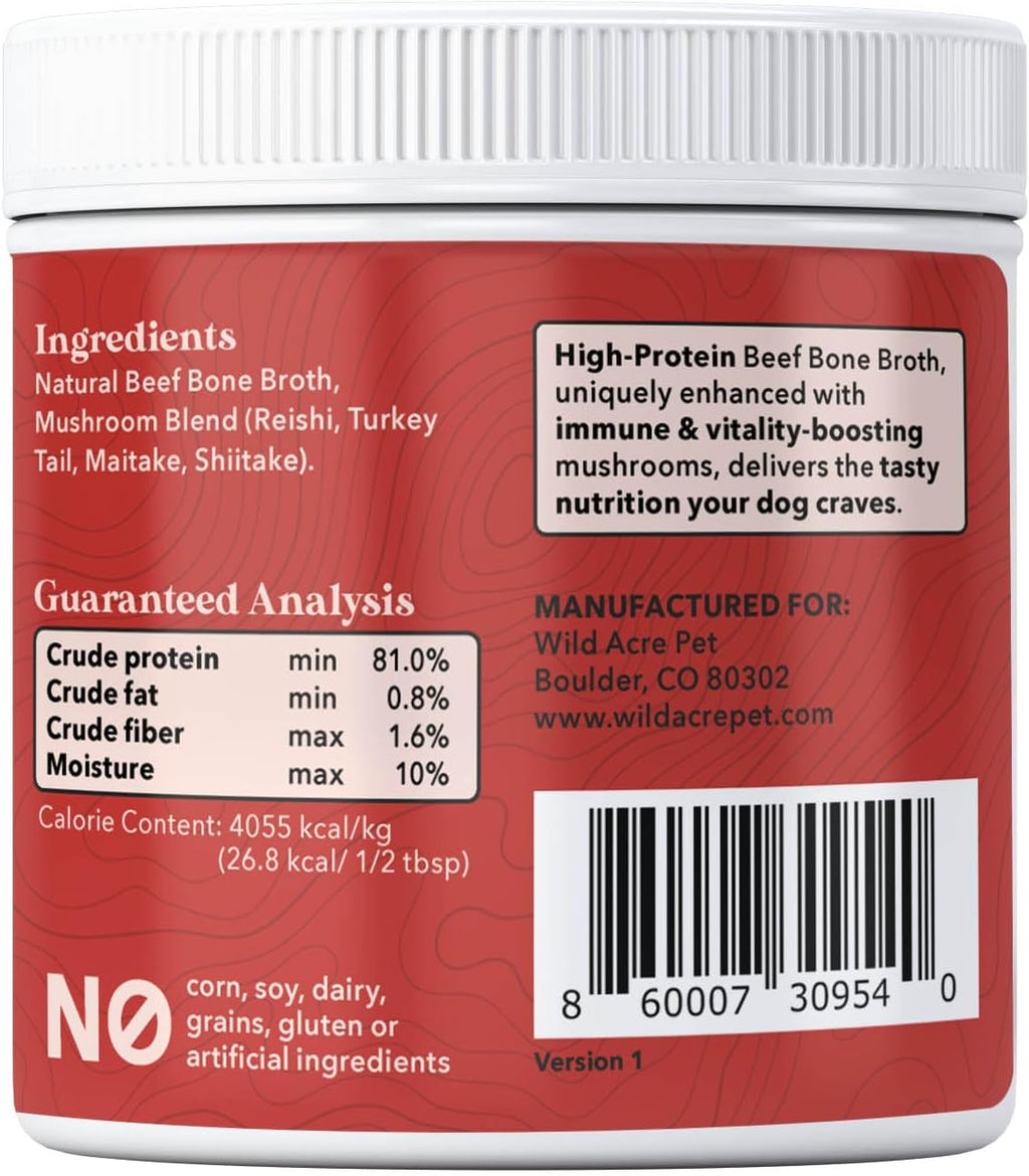 Premium beef bone broth for dogs with functional mushroom blend
