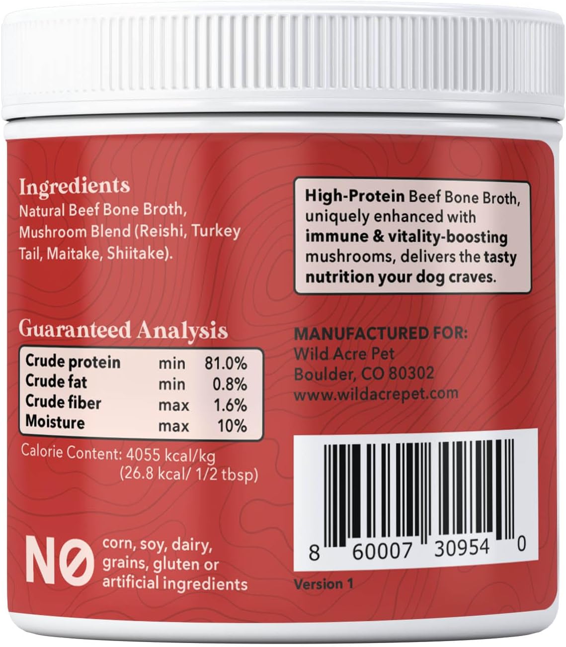 Premium beef bone broth for dogs with functional mushroom blend