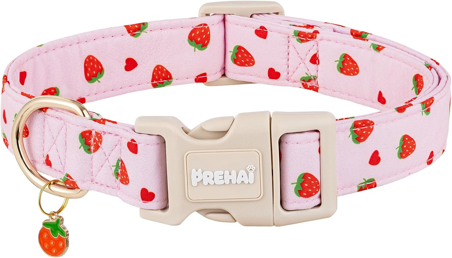 PREHAI Pink Strawberry Patterned Dog Collar With Enamel Charm Front View