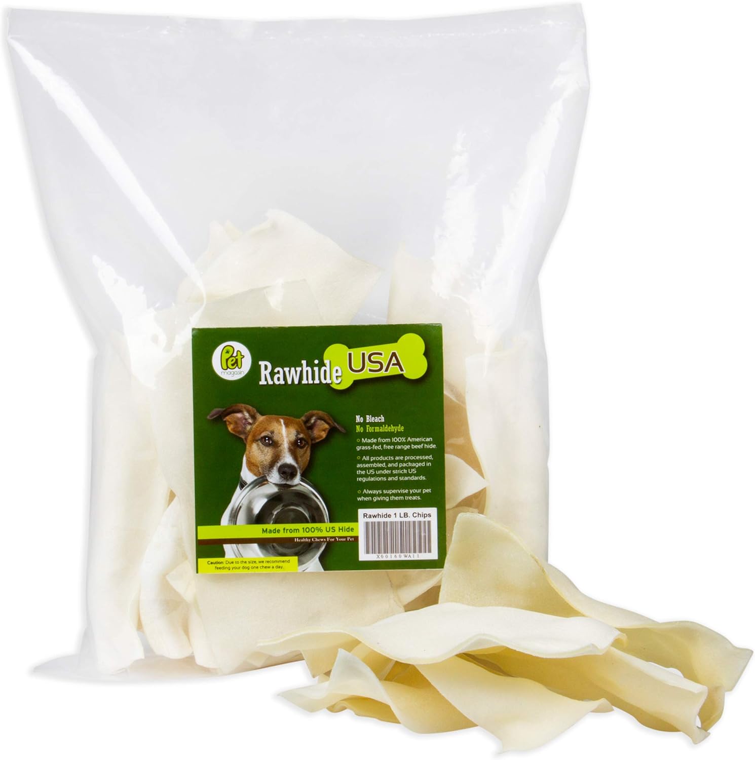 Pet Magasin Natural Rawhide Chips front view of premium dog treats bag