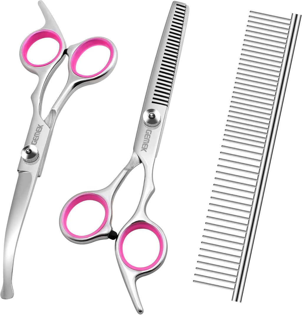 Saccison Gemek dog grooming scissors kit showing the full pink four piece set from the front view