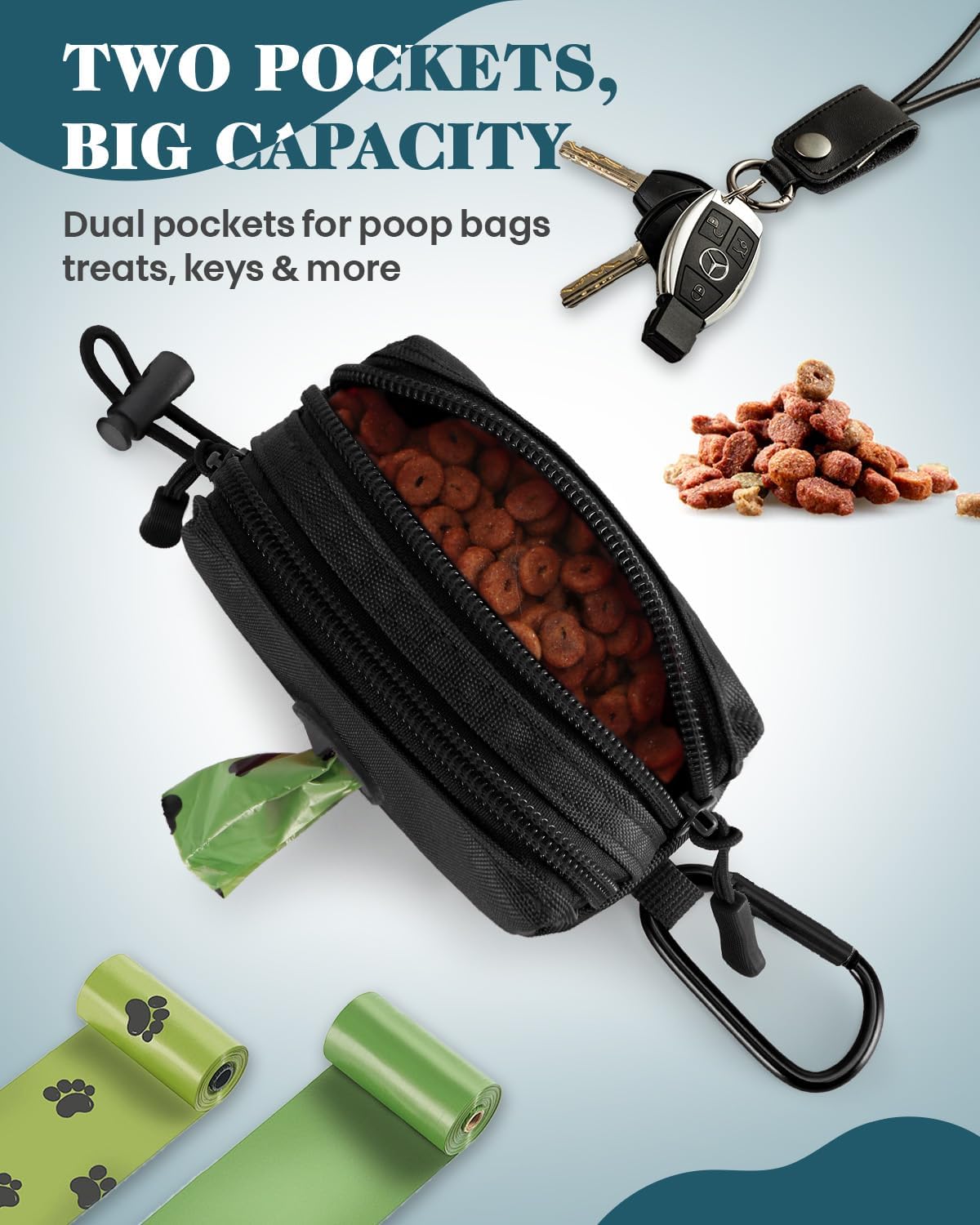 PawistaPal dual zippered doggie waste dispenser showing treat compartment open