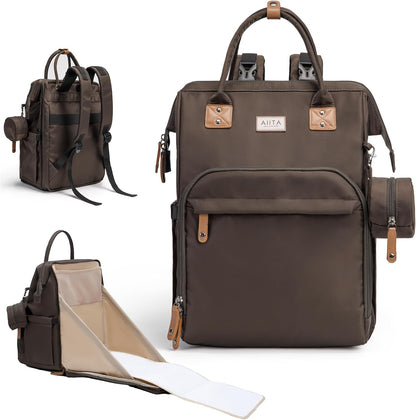 AIITA diaper bag backpack front view in black brown color showing premium zippers and structured design.