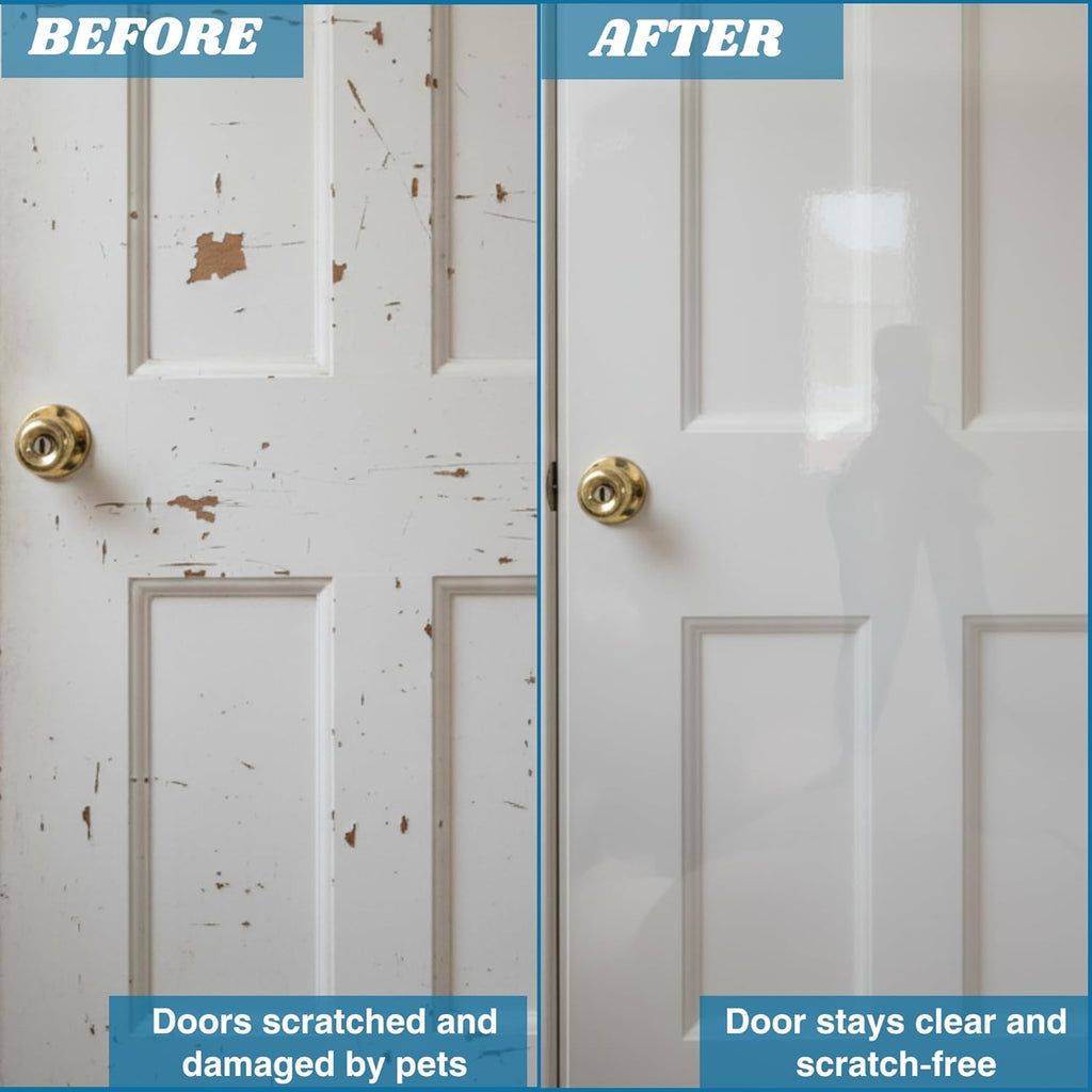 Clawguard clear door scratch shield installed on wooden door