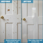 Clawguard clear door scratch shield installed on wooden door