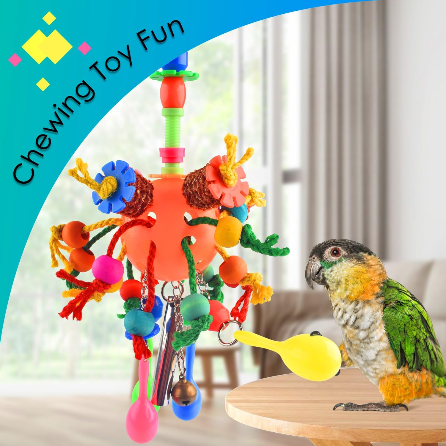 Close up of natural corn cobs and colorful wooden beads on bird toy