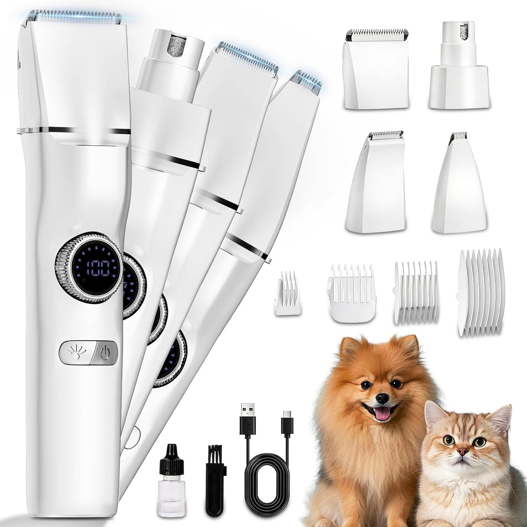 KAVUNION 5-in-1 dog grooming kit front view showing white cordless trimmer with LED display