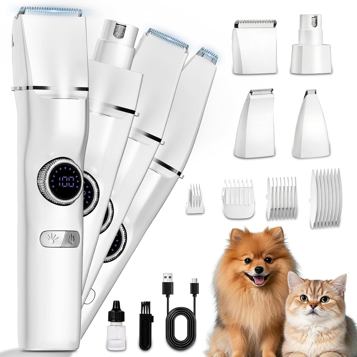 KAVUNION 5-in-1 dog grooming kit front view showing white cordless trimmer with LED display