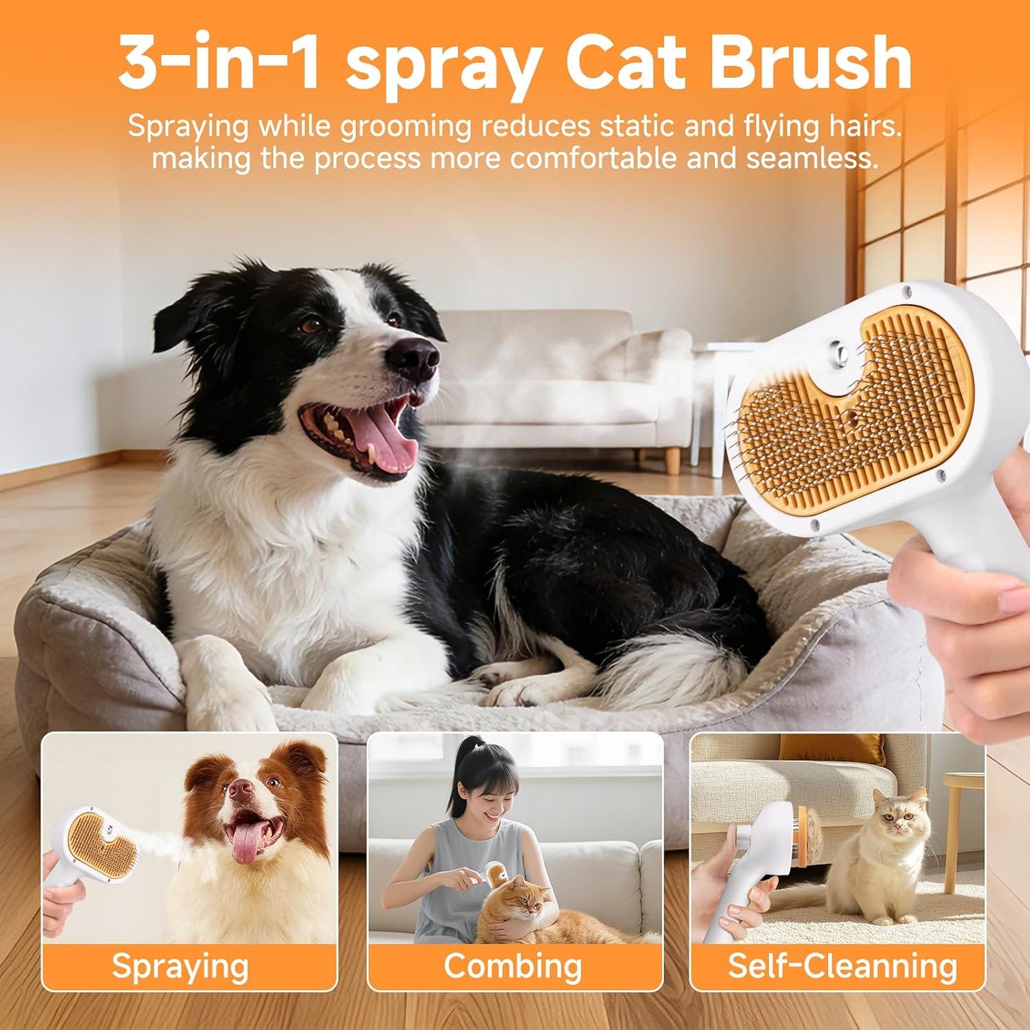 Ultrasonic mist spray pet brush minimizing static during cat and dog grooming.