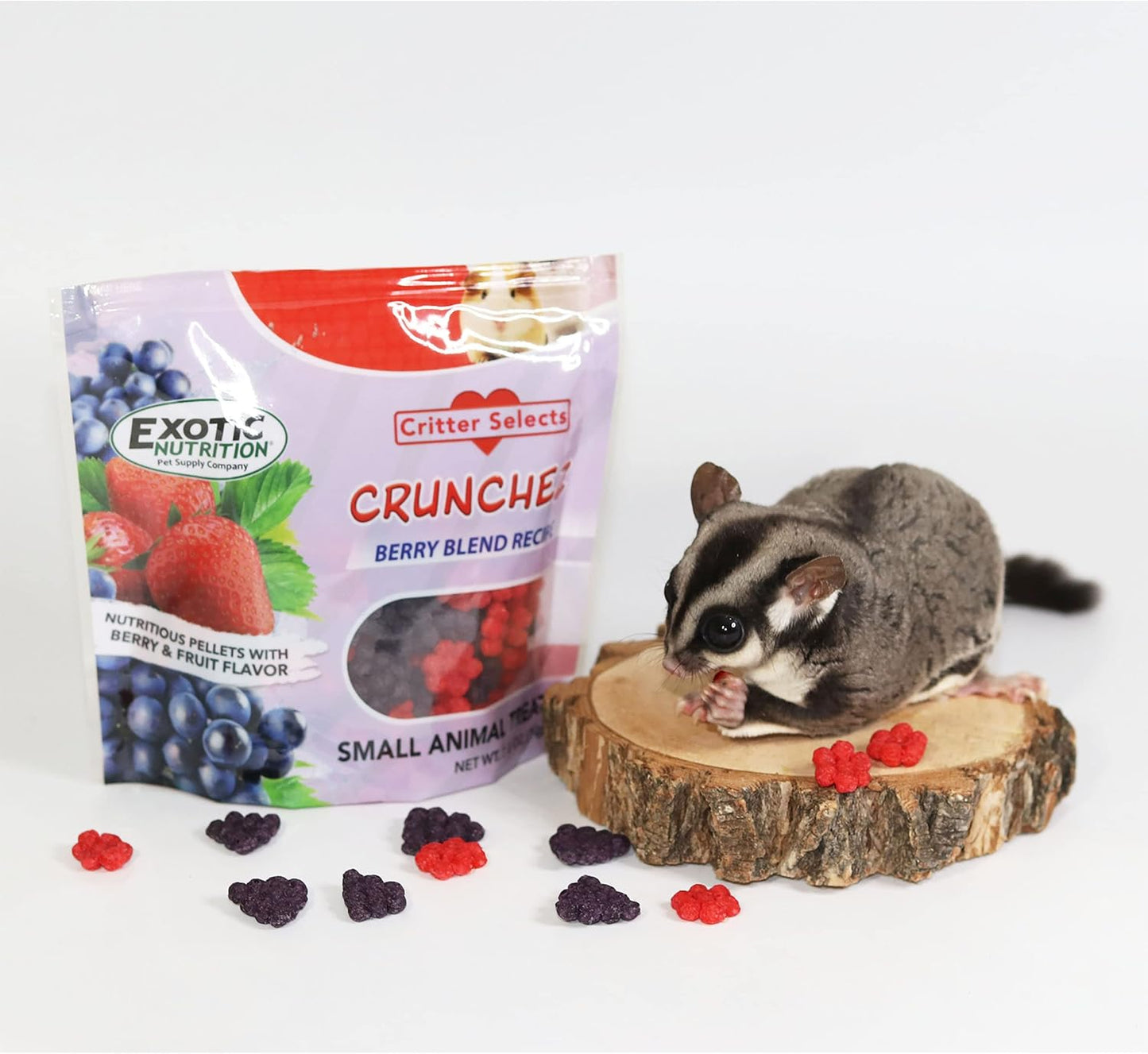 Crunchy berry flavored pet treat pellets displaying texture and fruit ingredients