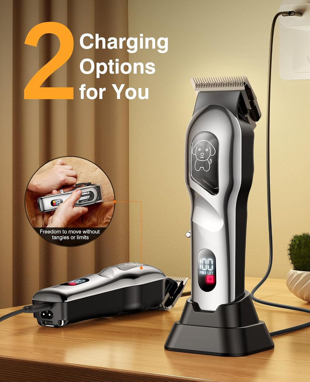 Ergonomic gunmetal silver pet trimmer held in hand illustrating cordless operation capability.