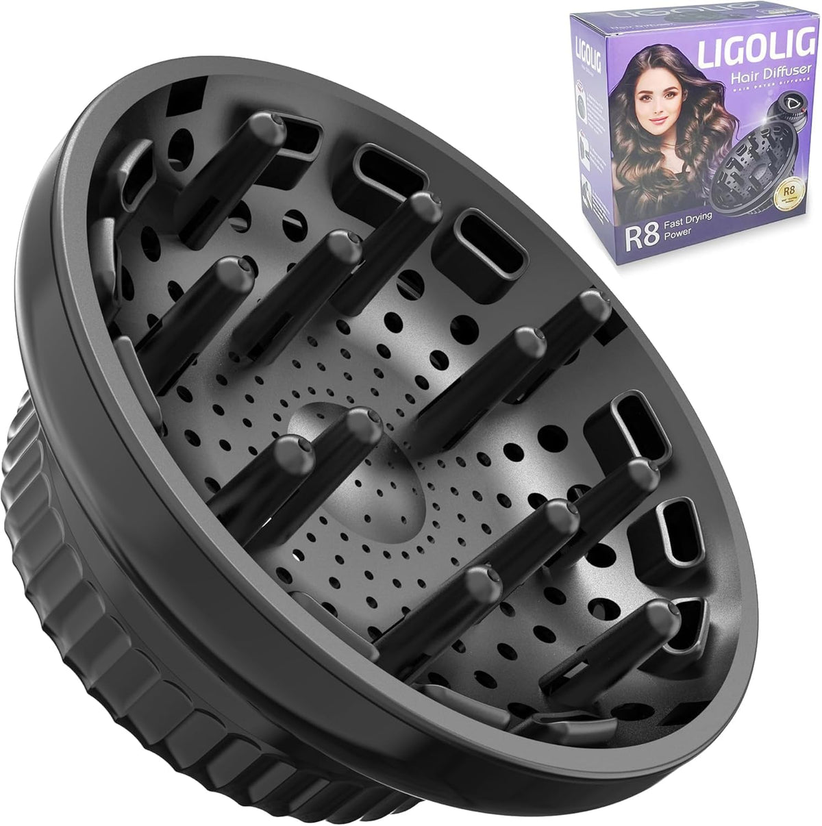 LIGOLIG Universal Hair Diffuser Attachment front view showing the deep styling bowl for curly hair.