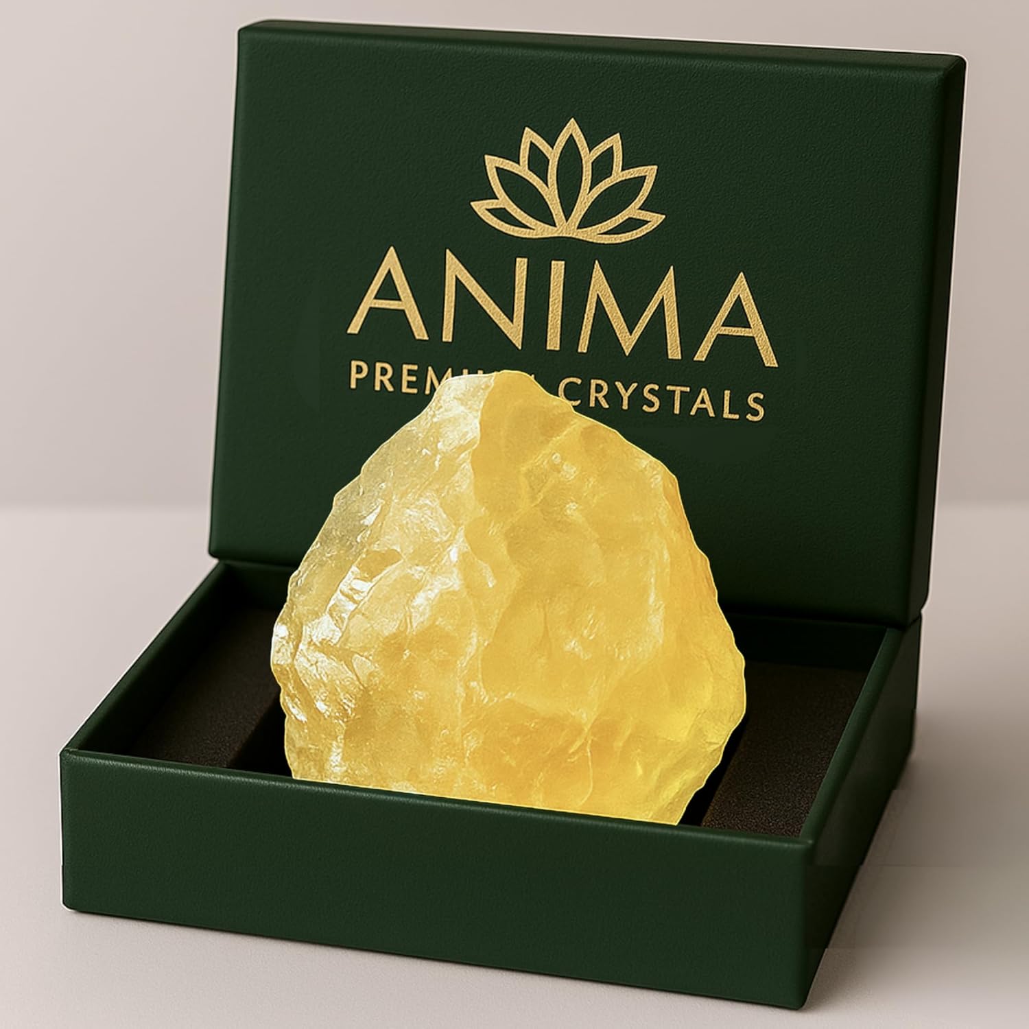 Anima Roxxy Crystals natural raw citrine stone front view in green gift box