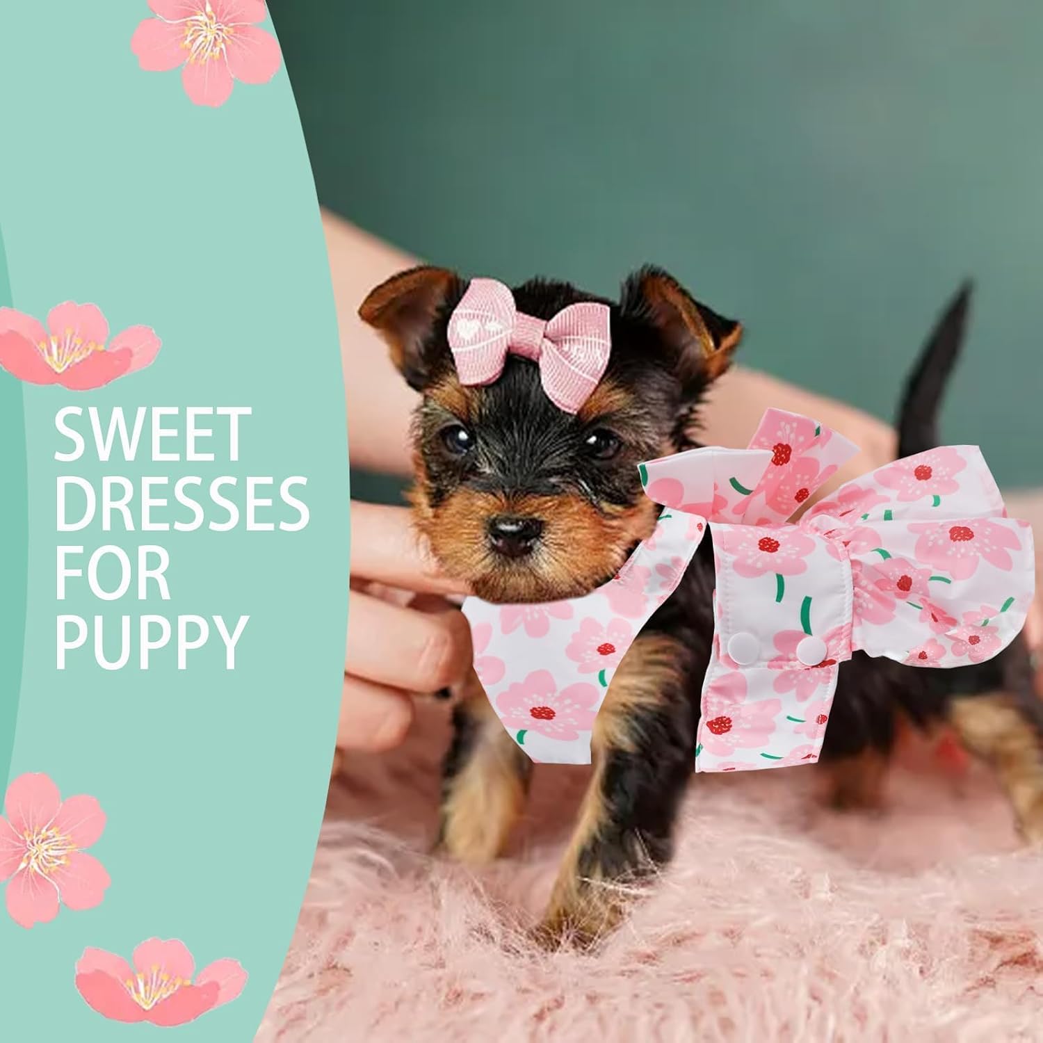 Small girl dog wearing pink puppy outfit with bowknot