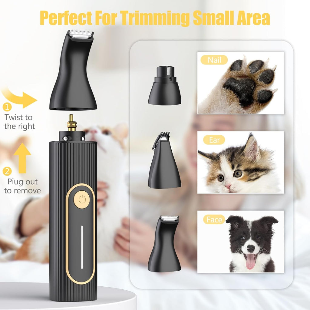 Gooad low noise pet grooming clippers package contents featuring dual chargers, a specialized cleaning brush, and protective blade maintenance oil.