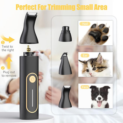 Gooad low noise pet grooming clippers package contents featuring dual chargers, a specialized cleaning brush, and protective blade maintenance oil.
