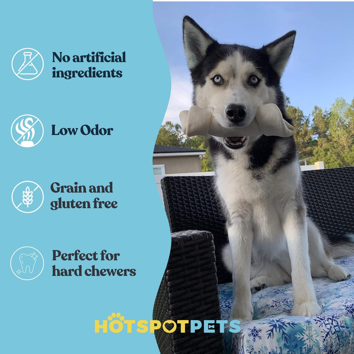Hotspot Pets dog chew bones packaging showing the USDA certified facility seal.