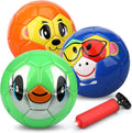 Dilabnba Kids Mini Soccer Balls front view showcasing three colorful animal face printed toy footballs with pump.