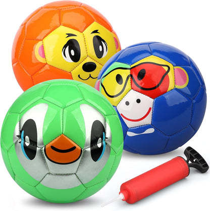 Dilabnba Kids Mini Soccer Balls front view showcasing three colorful animal face printed toy footballs with pump.
