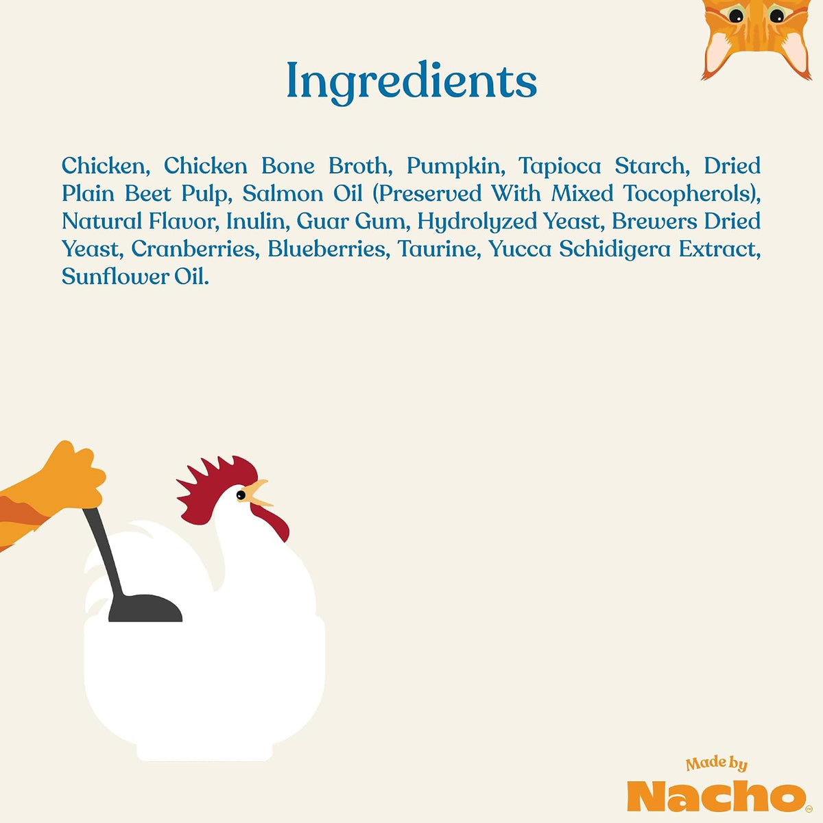 Close up of Made By Nacho cage free chicken puree ingredients
