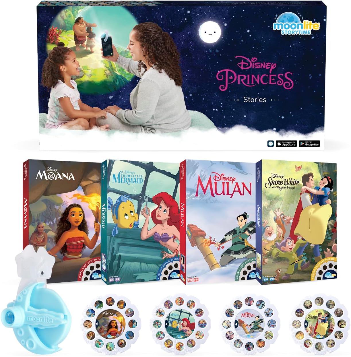 Moonlite brand smartphone storybook projector starter pack packaging front view