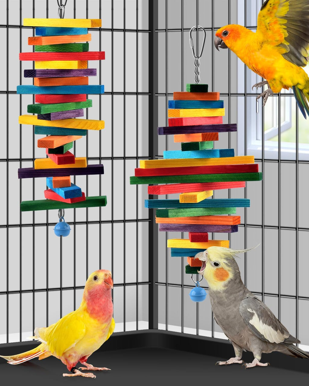 Multicolored wooden bird toy hanging inside a pet parrot cage
