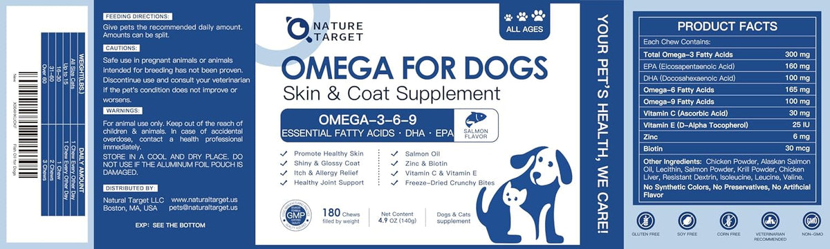 NATURE TARGET Omega 3 Fish Oil for Dogs, Salmon Oil for Dogs Skin and Coat with EPA & DHA Fatty Acids, Dog Itchy Skin Relief & Hot Spot Treatment, Anti Shedding, Support Hip & Joint Health - 180 ct - Image 9