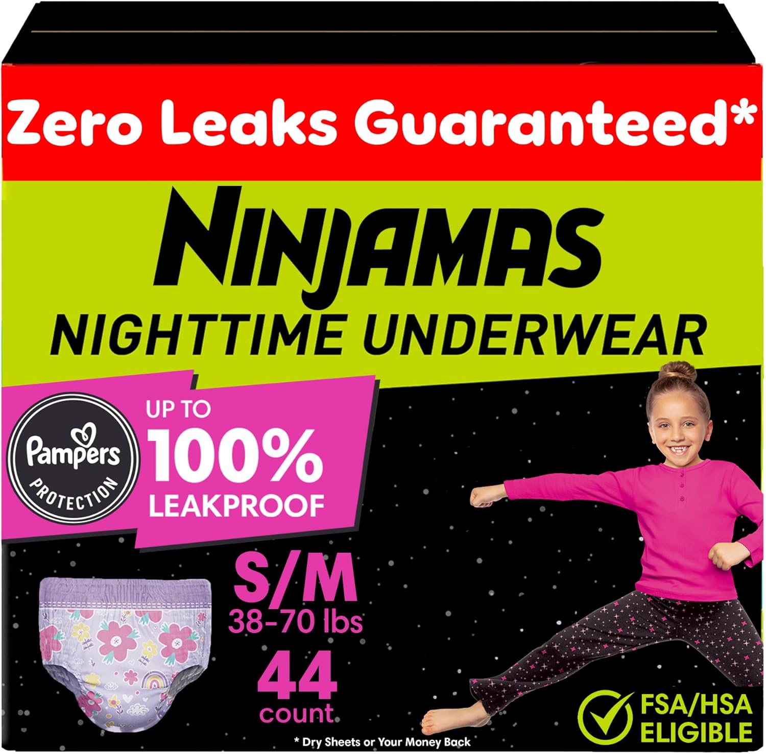 Pampers Ninjamas Girls Bedwetting Nighttime Underwear front packaging view