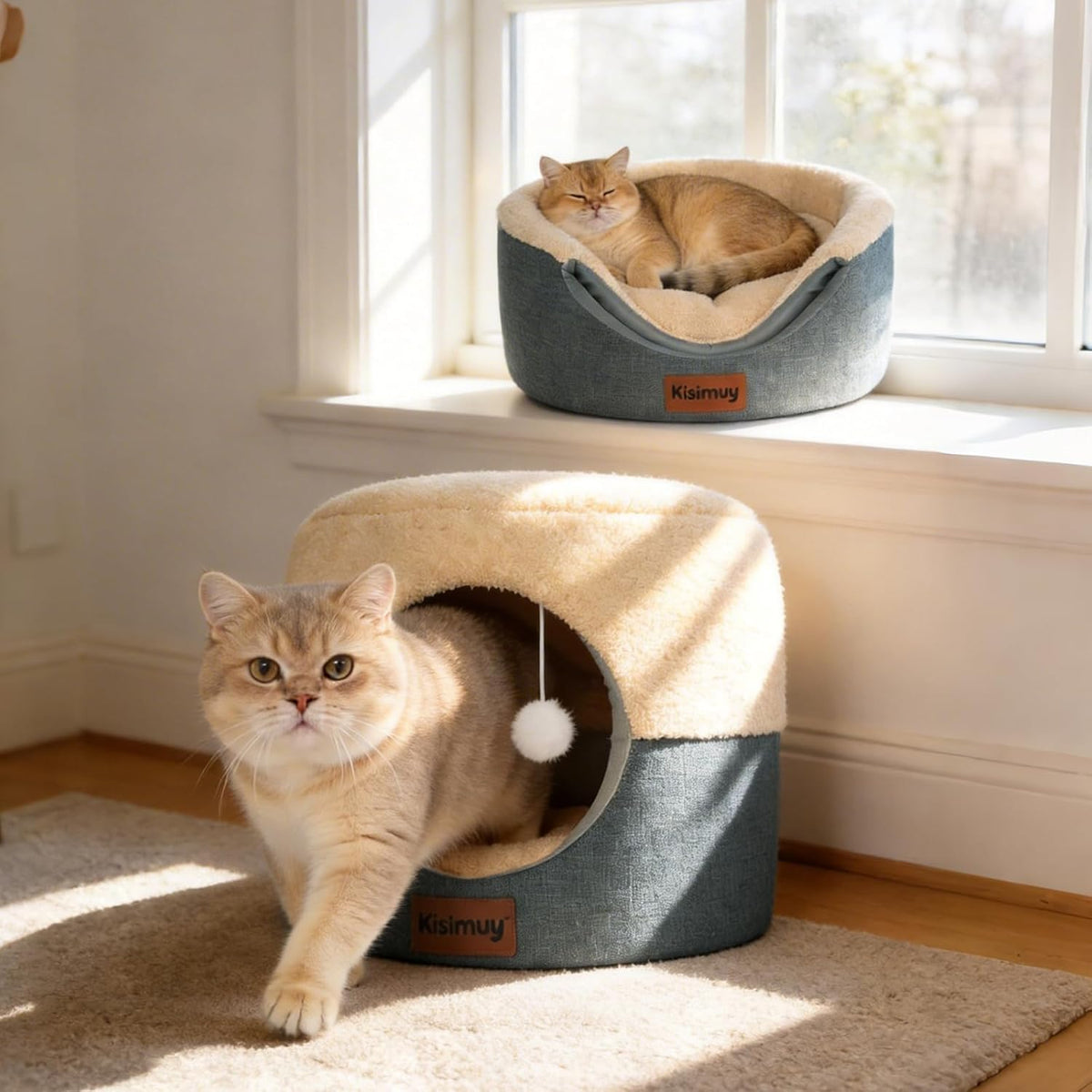 2-in-1 Foldable Cat Bed for Indoor Cats, Cat Cave & Sofa Bed | 15.7"D x 13"H, Reversible Plush & Linen Cushion,Enclosed Cat Bed, Hanging Cat Toys, Non-Slip, Small Cat House, Grey - Image 15