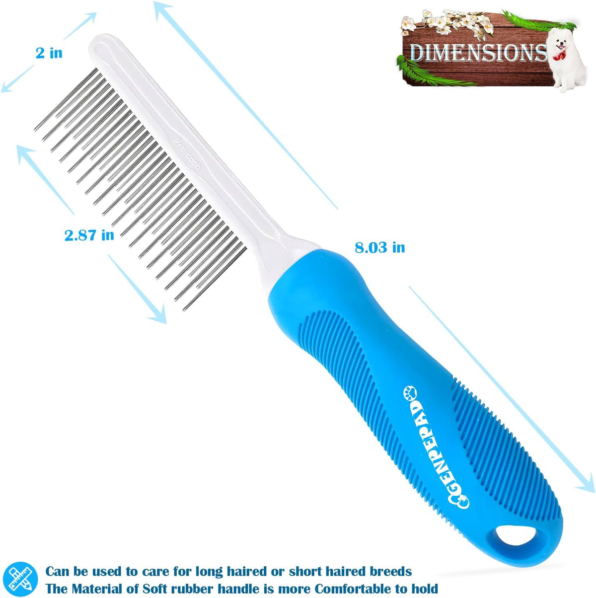Ergonomic blue handle of Genpepado grooming comb