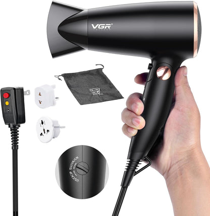 VGR dual voltage travel hair dryer front view showing the sleek black finish and attached concentrator nozzle.