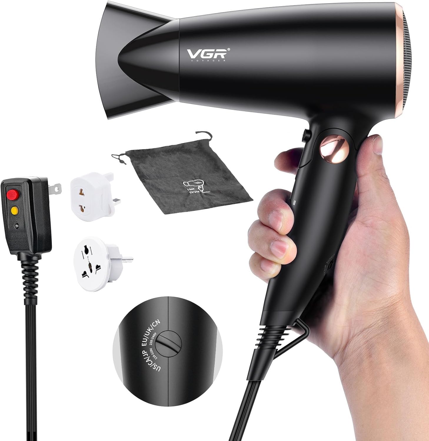 VGR V439 black dual voltage travel hair dryer front view showing foldable handle and concentrator nozzle.