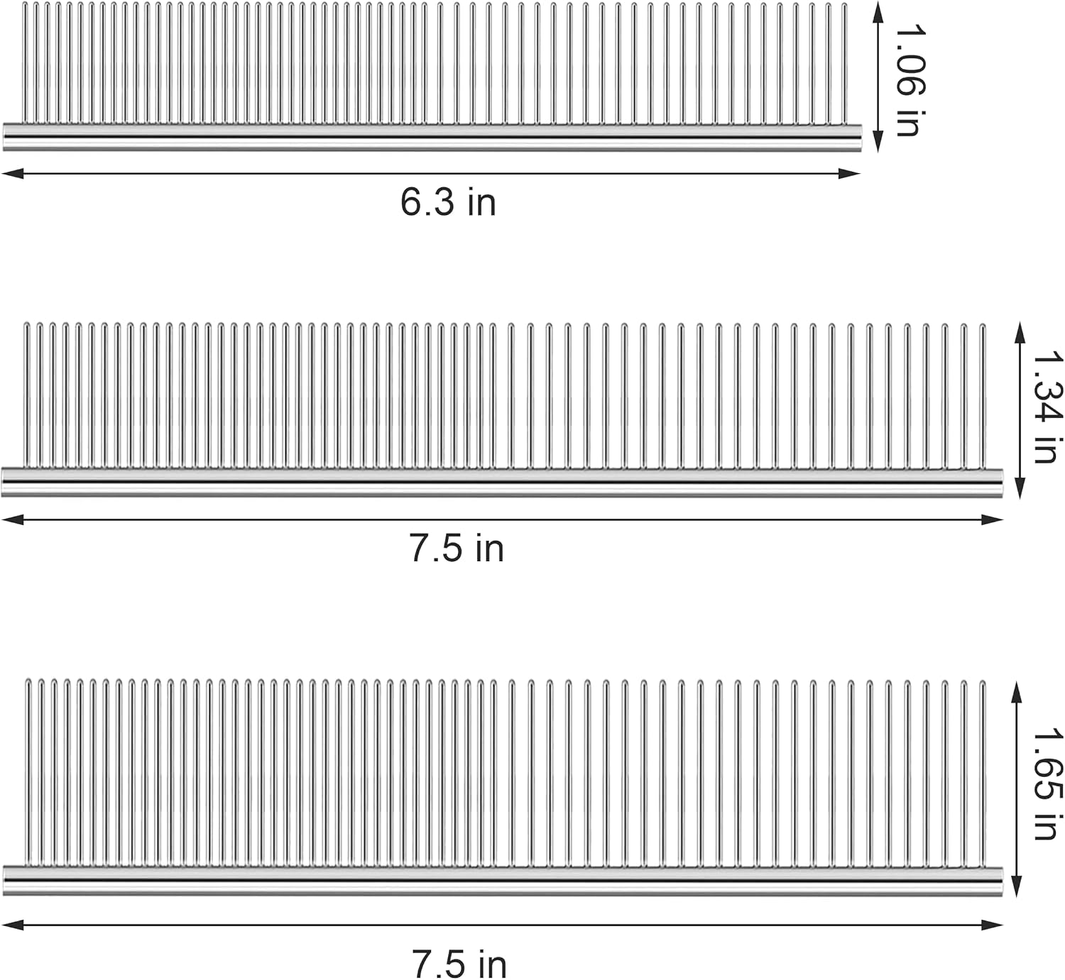 Three stainless steel pet combs in large medium and small sizes