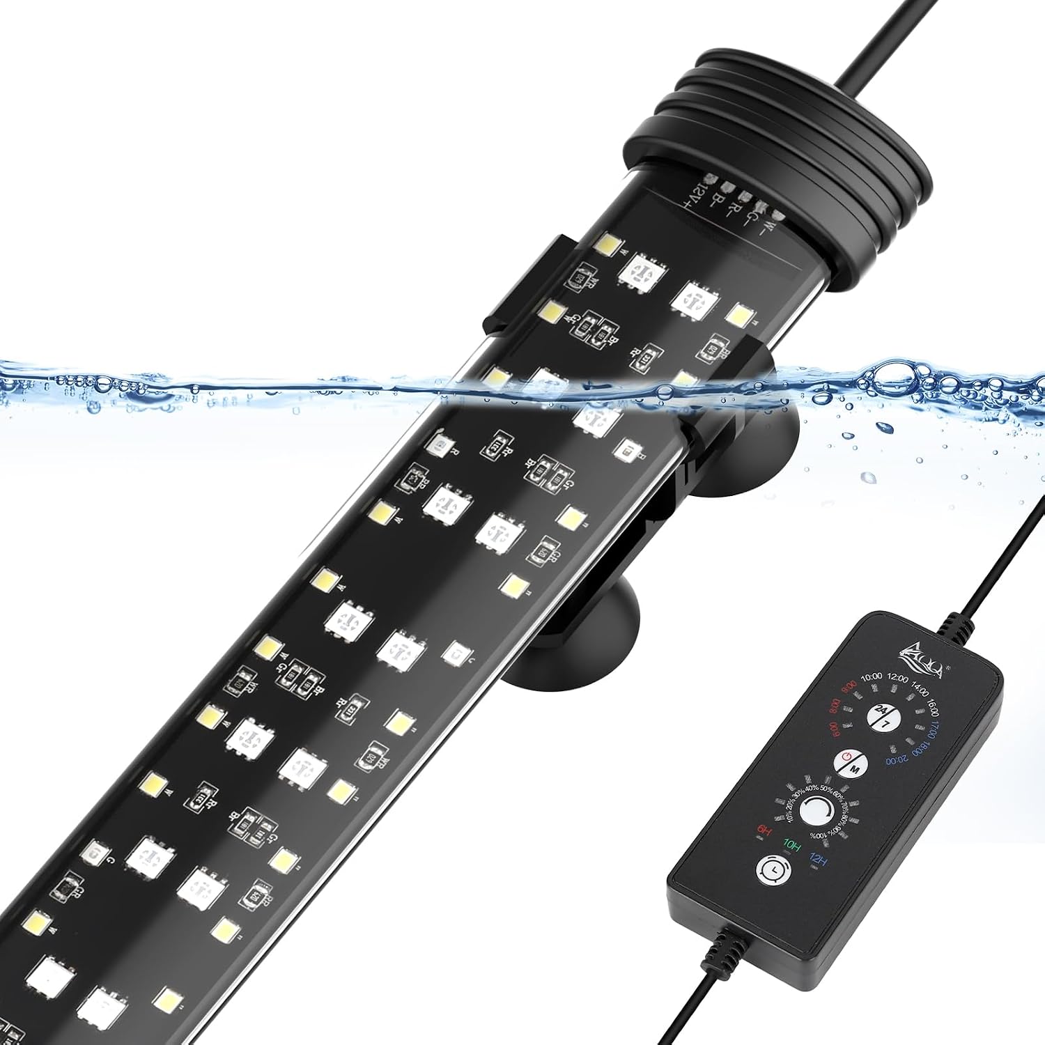 AQQA Submersible LED Aquarium Light front view showing four rows of bright colorful beads.