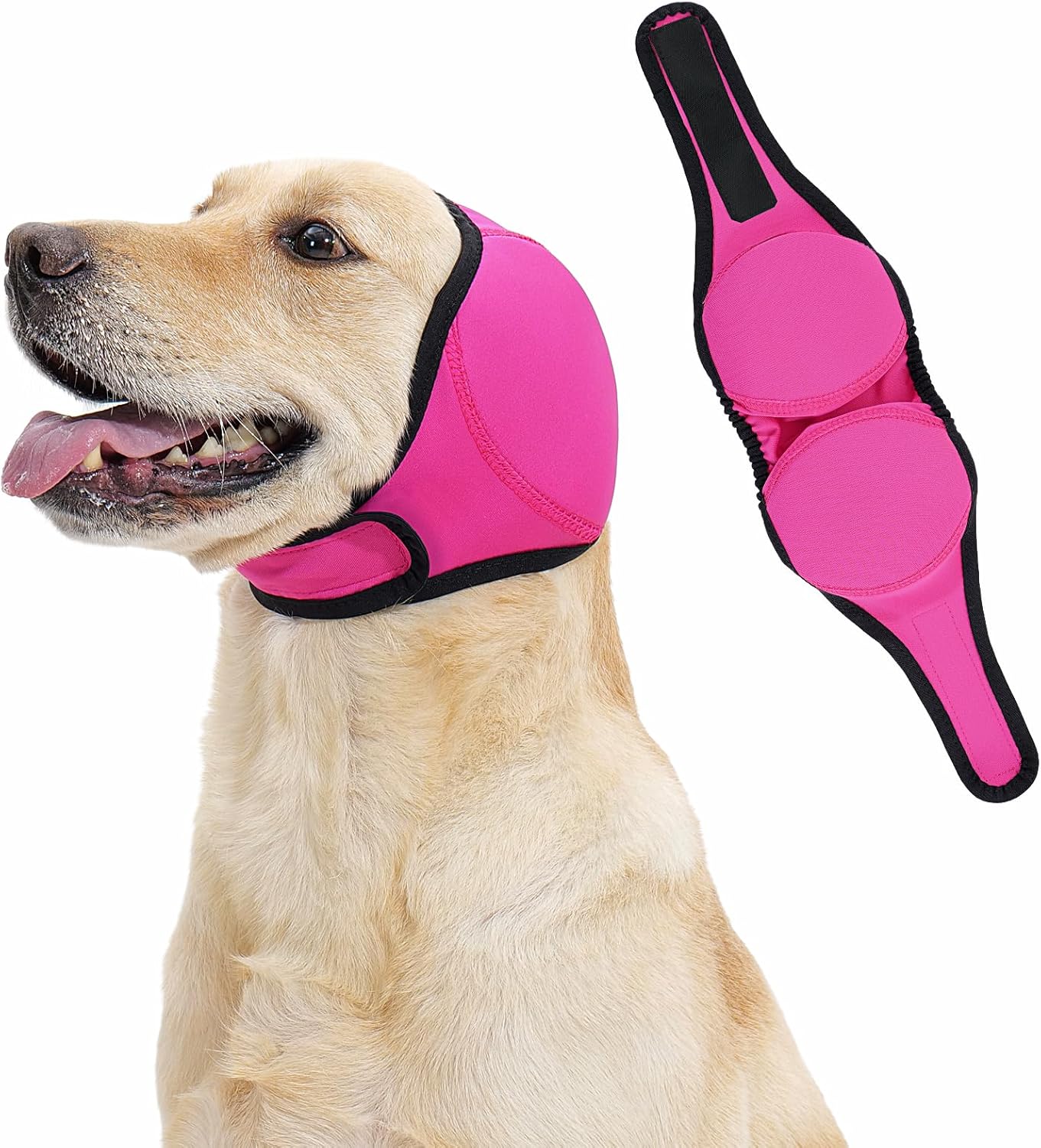 Dog wearing Lianzimau adjustable calming hoodie for noise relief