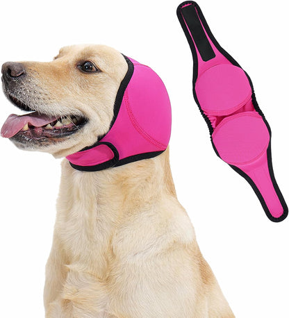 Dog wearing Lianzimau adjustable calming hoodie for noise relief