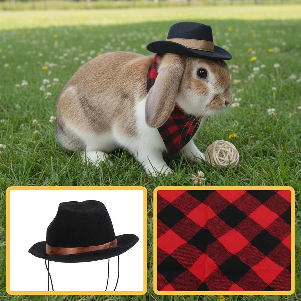 Black miniature cowboy hat with adjustable chin strap for pets