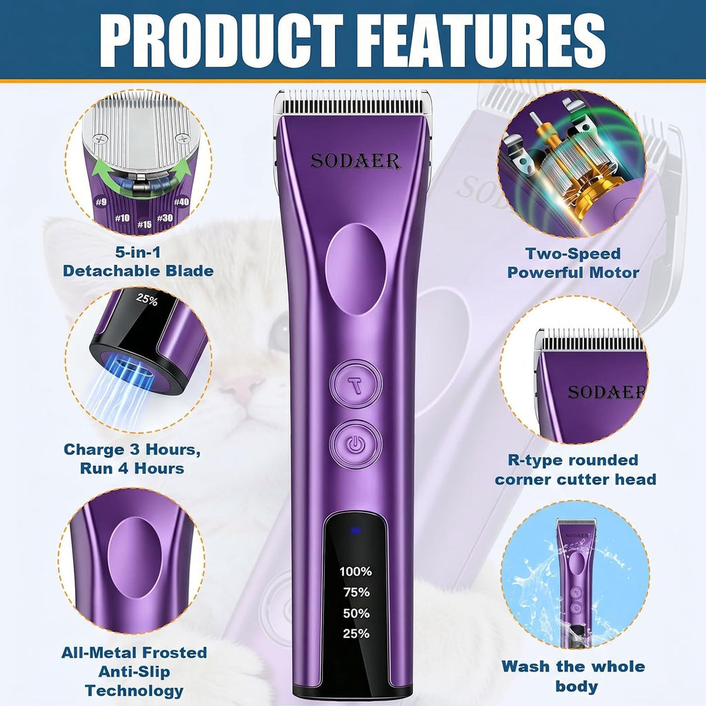 Purabelle animal grooming clippers showing charging port and accessories layout.