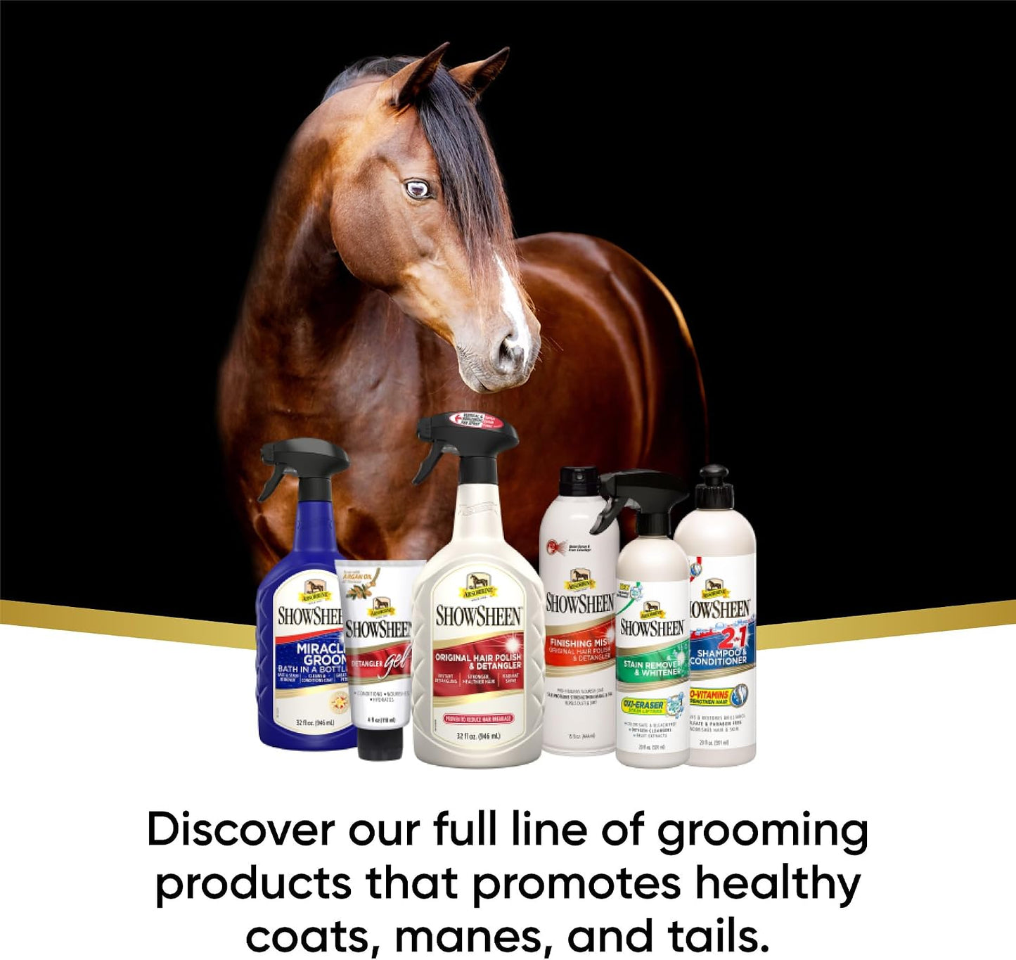 Absorbine ShowSheen thirty two ounce bottle highlighting silk protein benefits