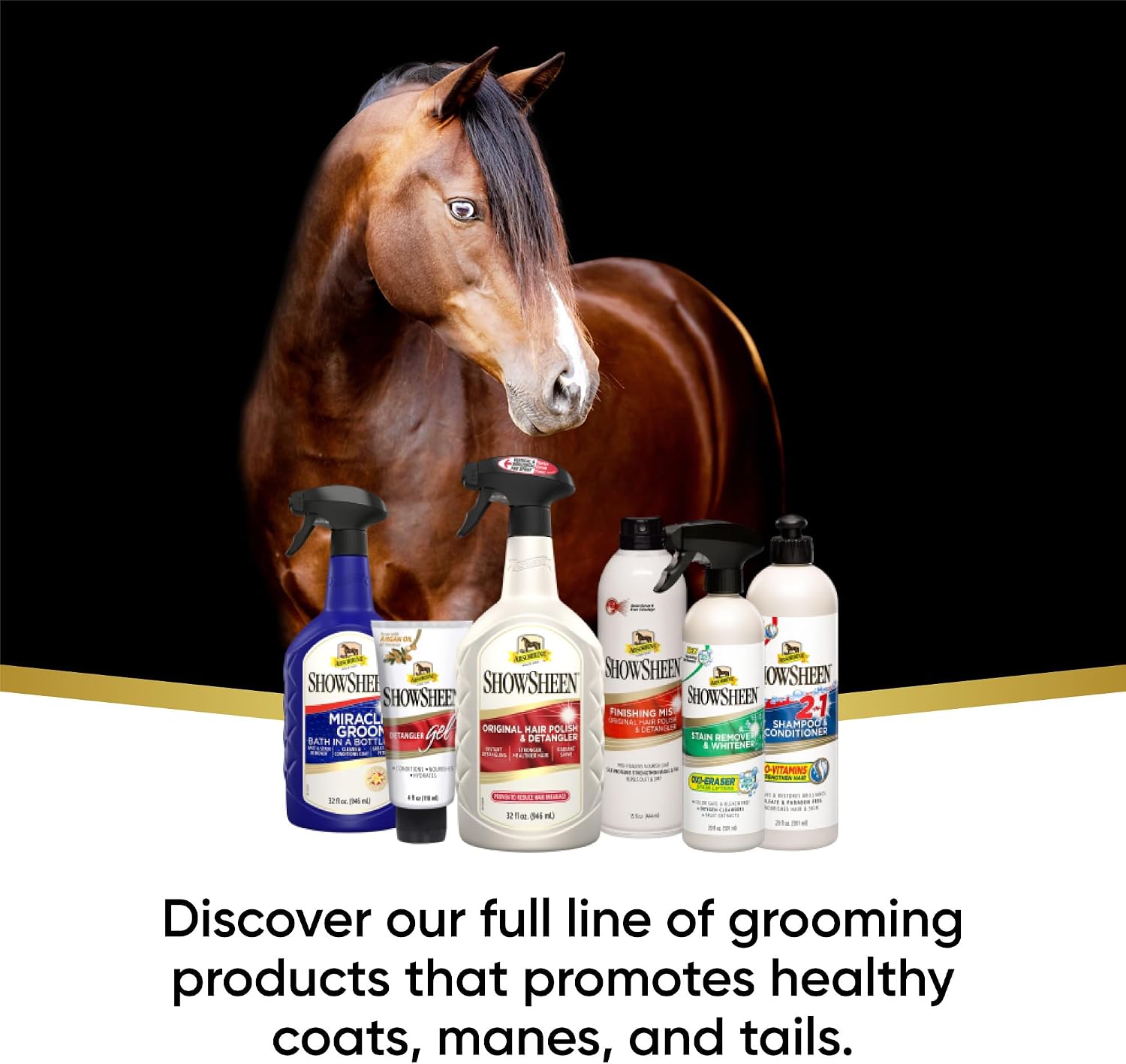 Absorbine ShowSheen thirty two ounce bottle highlighting silk protein benefits