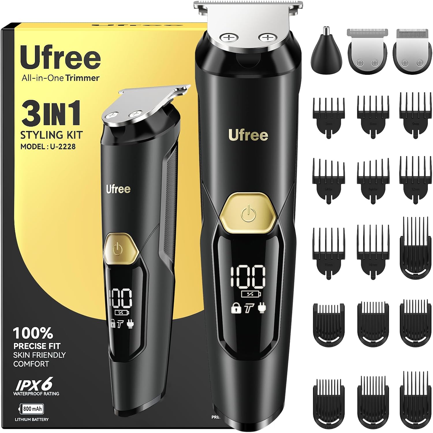 Ufree 3-in-1 Beard Trimmer Kit front view showing black and gold body with digital LED display