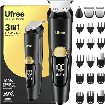 Ufree 3-in-1 Beard Trimmer Kit front view showing black and gold body with digital LED display