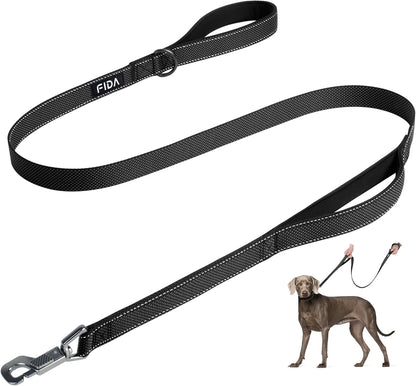 Fida heavy duty dog leash front view showing black nylon strap and padded handle