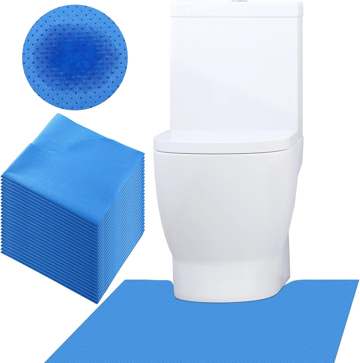 Peryiter 25 pack disposable toilet mats showing the blue front absorbent fabric side.