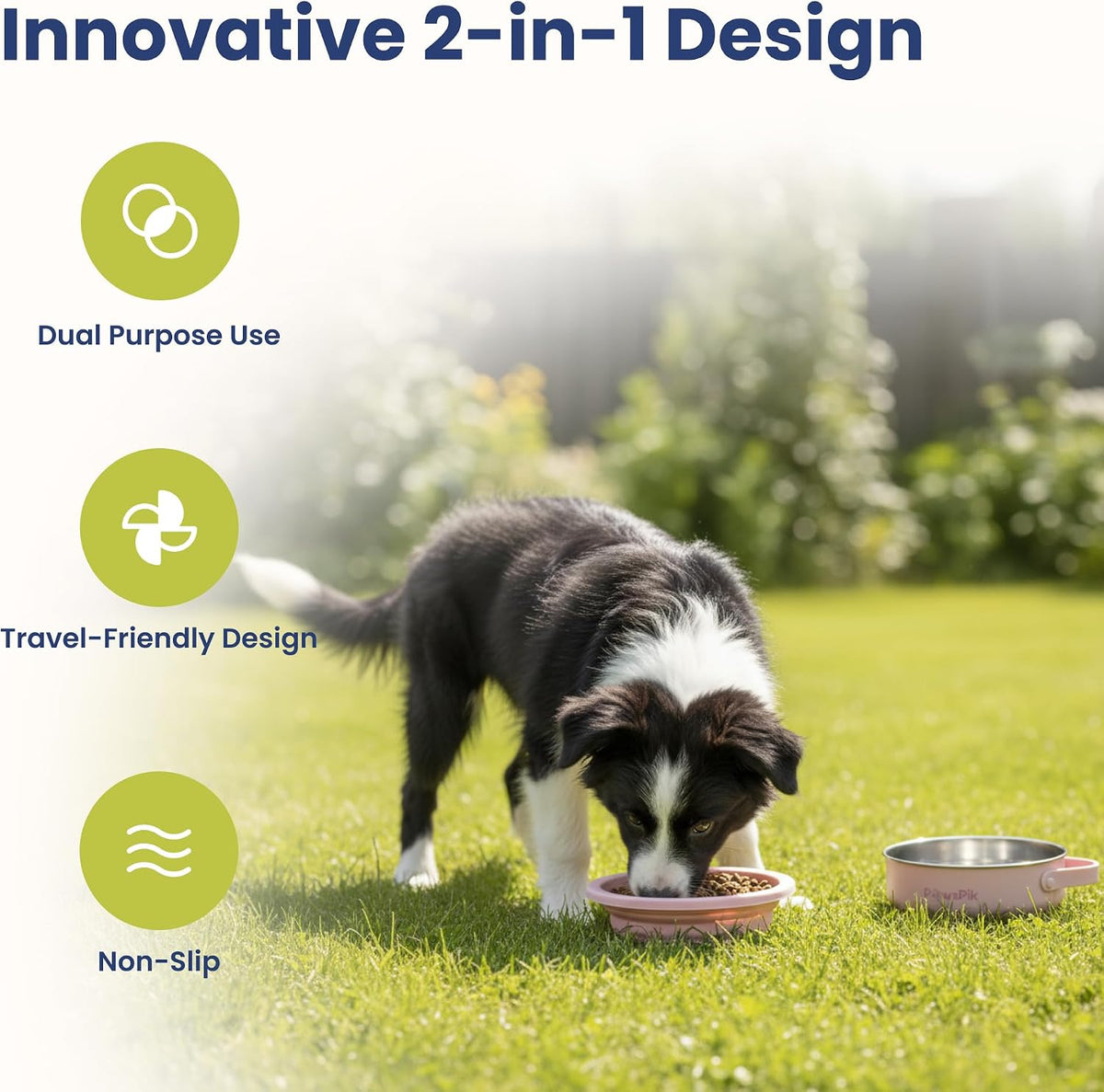 PawsPik collapsible dog dish fully expanded next to its stainless steel base.