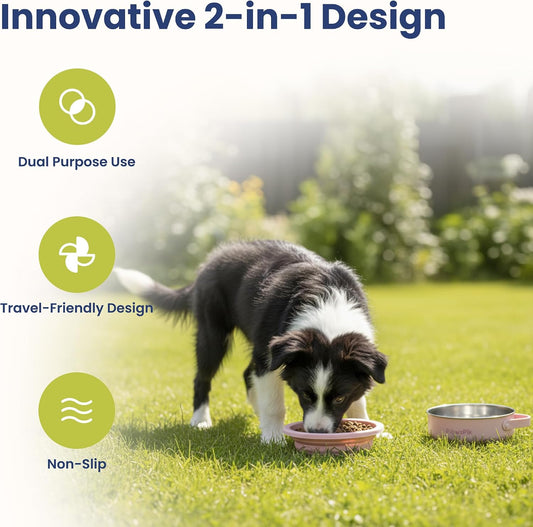PawsPik collapsible dog dish fully expanded next to its stainless steel base.